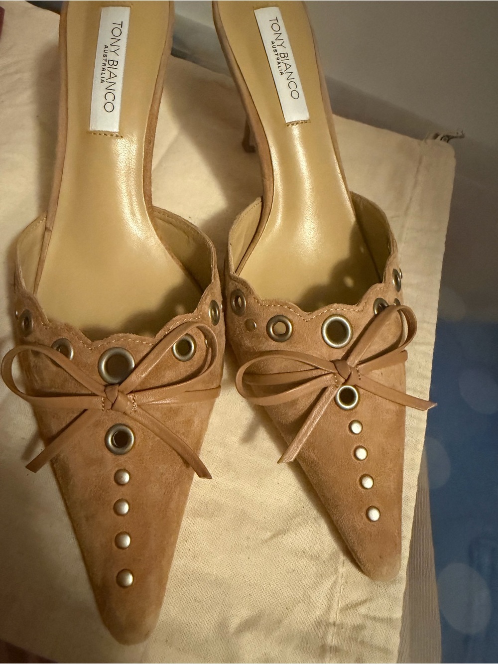 Tony Bianco Tan Suede Pointed Mule with Grommet & Bow Detail - Picture 6 of 6
